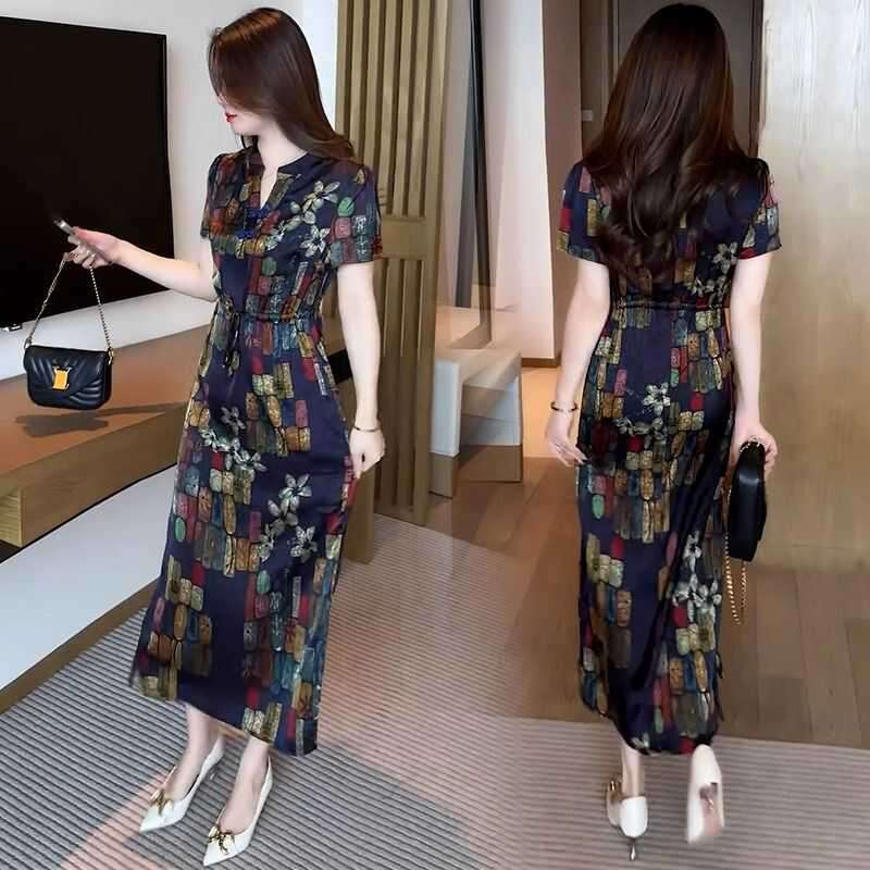 チャイナ服  花柄プリントチャイナ風ロングワンピース