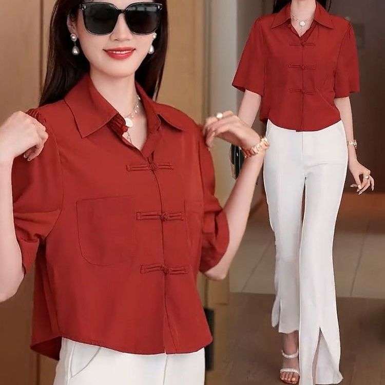 チャイナ服  チャイナカラー半袖シャツ