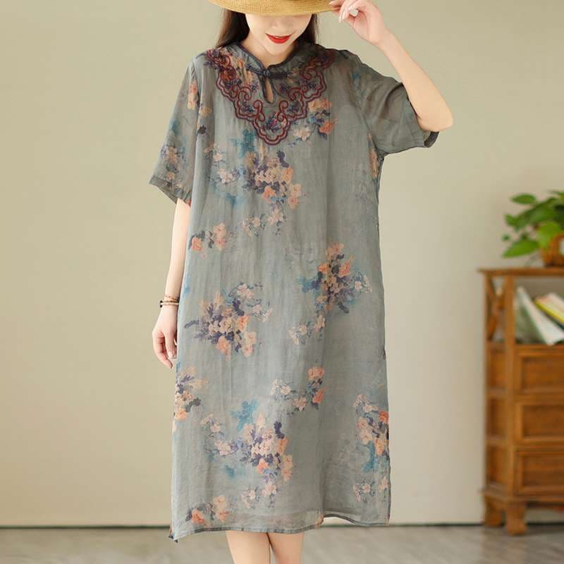 チャイナ服  花柄刺繍チャイナカラーリネンワンピース