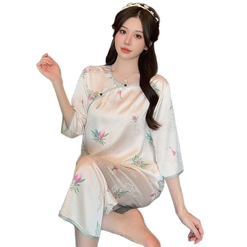 チャイナ服 花鳥刺繍入り光沢チャイナ風パジャマ上下セット