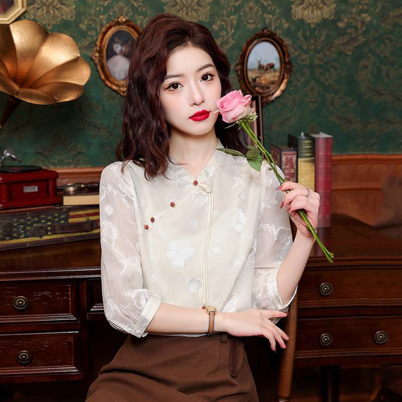 チャイナ服  花柄刺繍チャイナ風シフォンブラウス