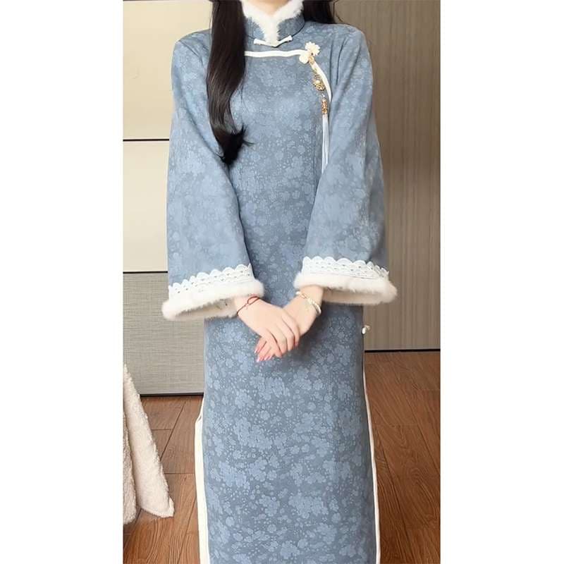 チャイナ服  モコモコ襟付きチャイナ風ワンピース