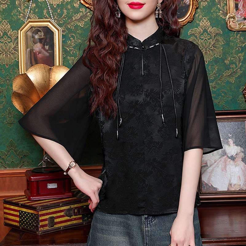 チャイナ服 花柄刺繍入り比翼仕立てチャイナ襟ブラウス