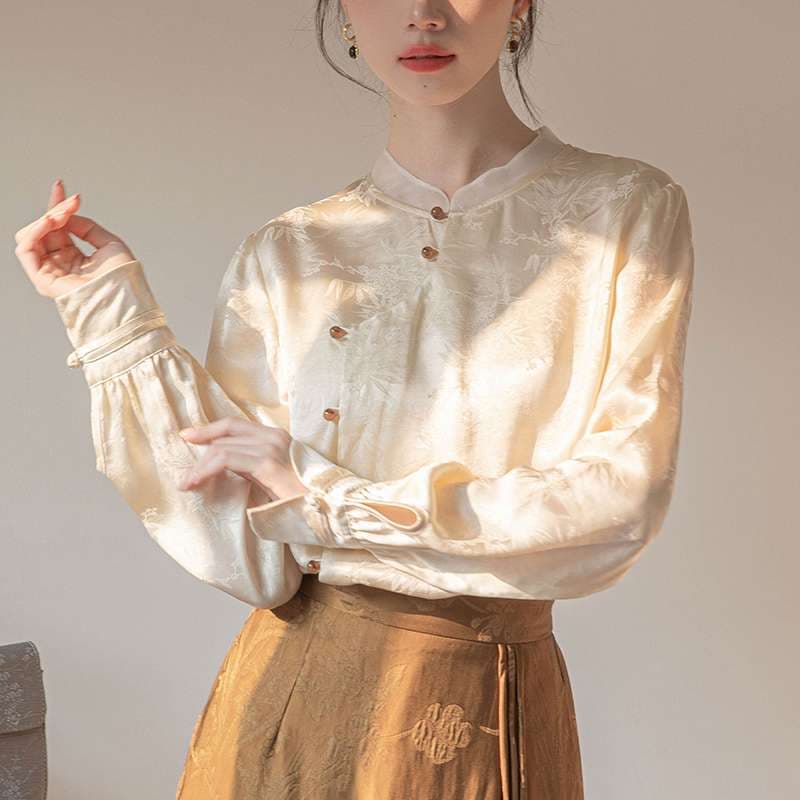 チャイナ服  花柄刺繍入りシルク調マオカラーシャツ