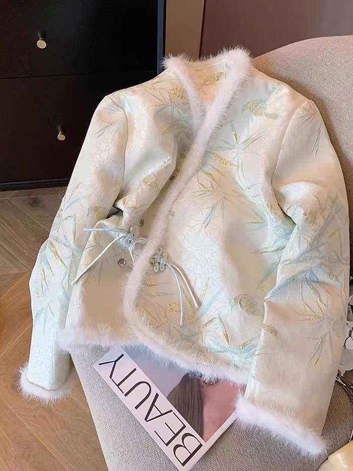 チャイナ服  ファー付き刺繍チャイナドレスコート
