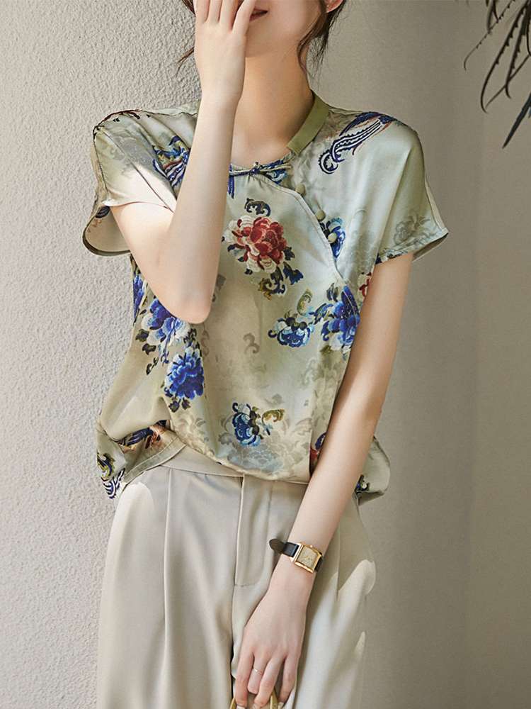 チャイナ服  花鳥模様チャイナカラー半袖ブラウス