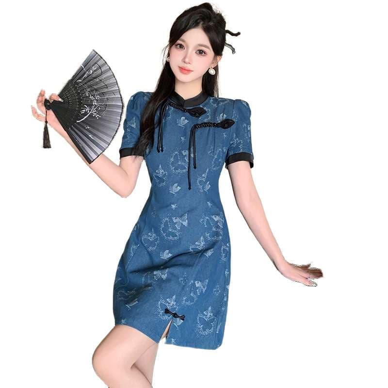 チャイナ服  蝶柄チャイナカラーワンピース