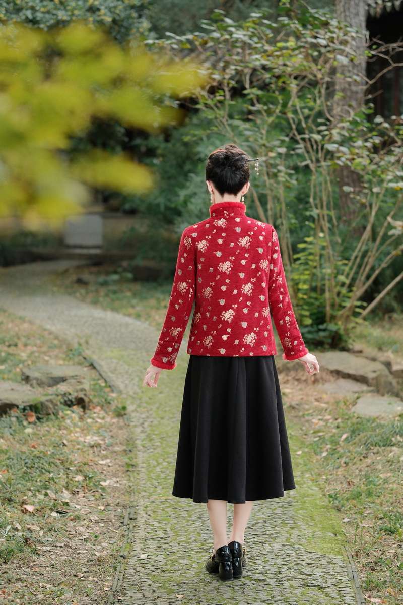 チャイナ服  花柄チャイナ襟ファーコート