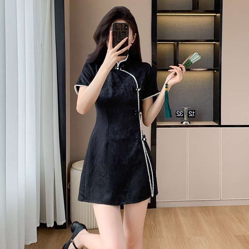 チャイナ服 刺繍柄チャイナボタン半袖ワンピース