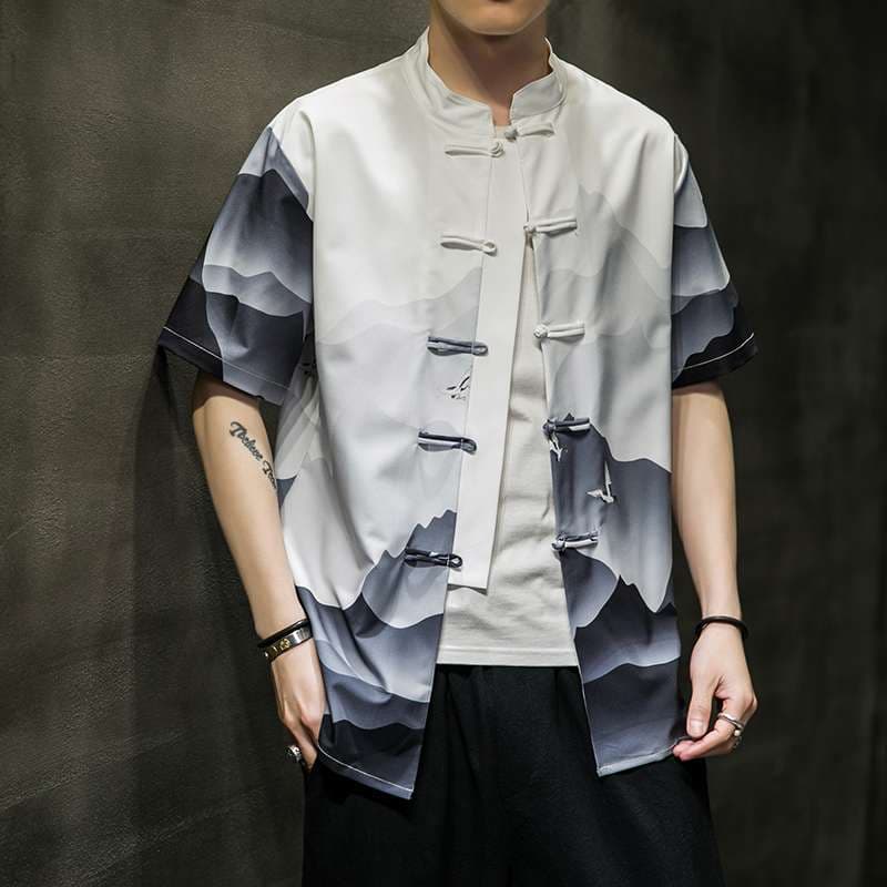 チャイナ服  風景画プリント チャイナ風シャツ