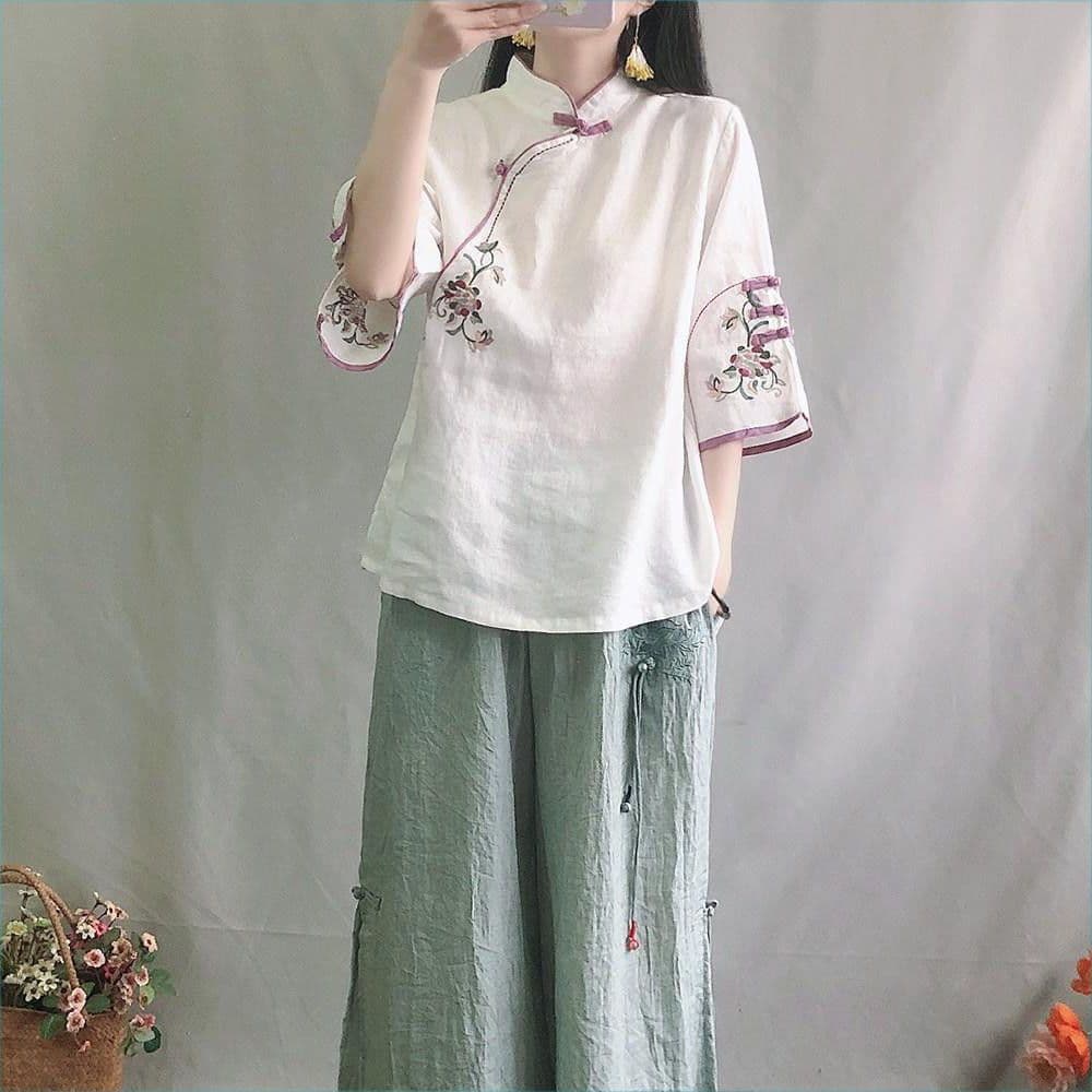 チャイナ服 花刺繍入りチャイナボタン七分袖ブラウス