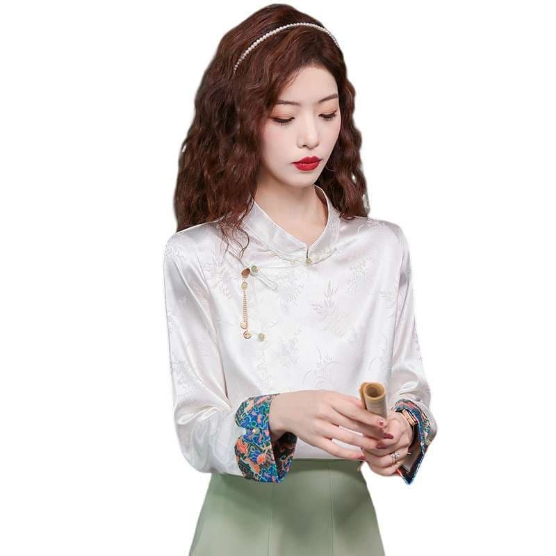 チャイナ服  チャイナカラー刺繍入りサテンブラウス