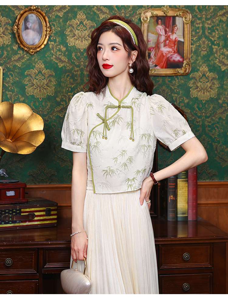 チャイナ服  竹柄刺繍チャイナトップス