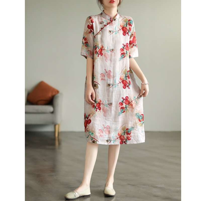 チャイナ服  花柄チャイナカラーワンピース