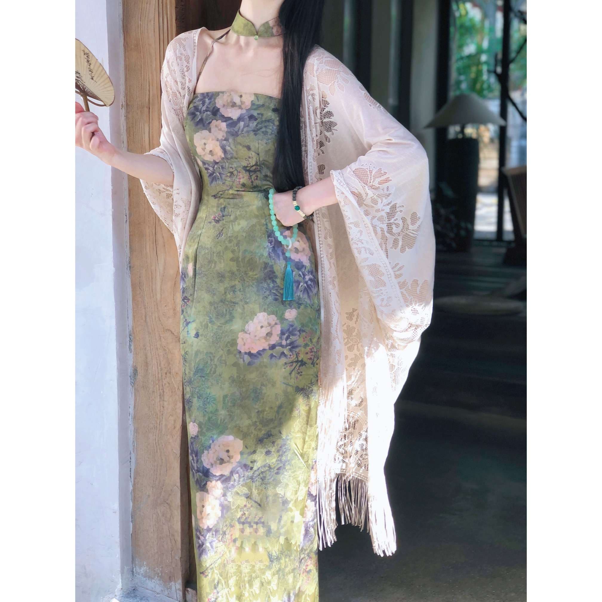 チャイナ服  花柄チャイナ風ロングワンピース