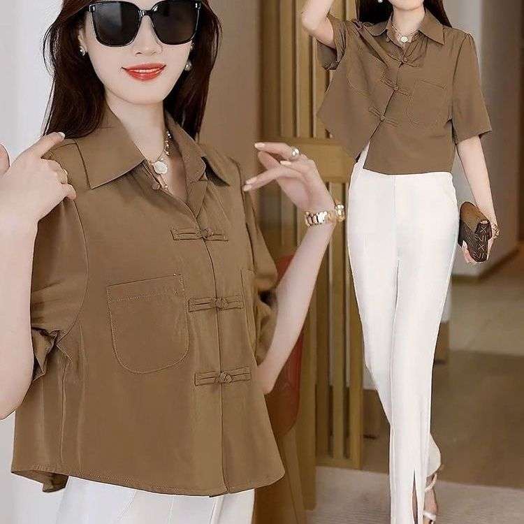 チャイナ服  チャイナカラー半袖シャツ