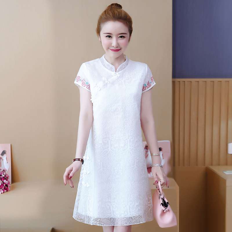 チャイナ服  チャイナカラー刺繍レース入りワンピース