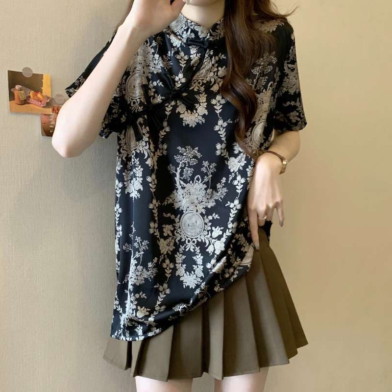 チャイナ服  優雅な花柄チャイナ風半袖シャツ