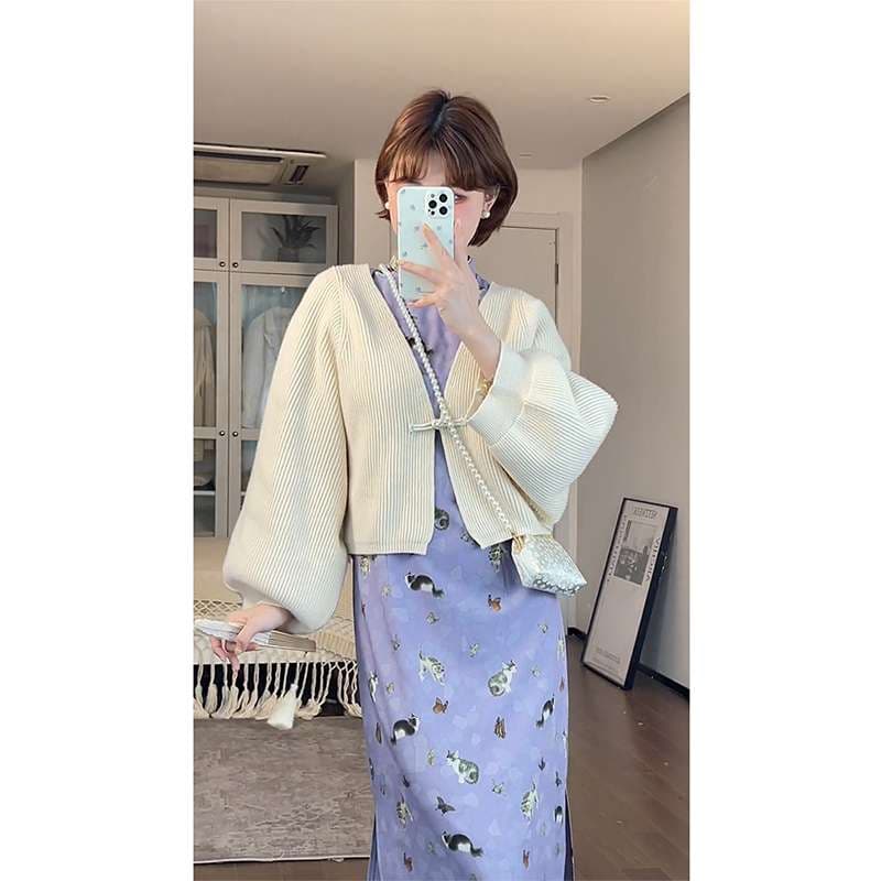 チャイナ服  ネコ柄チャイナ風ワンピース