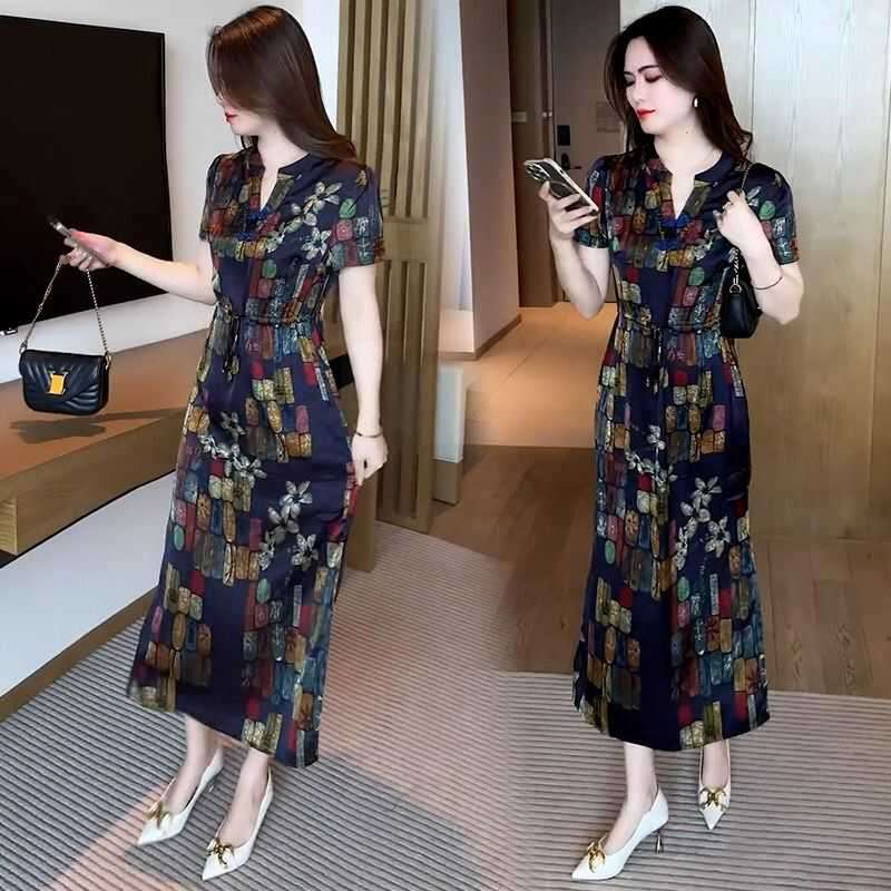 チャイナ服  花柄プリントチャイナ風ロングワンピース