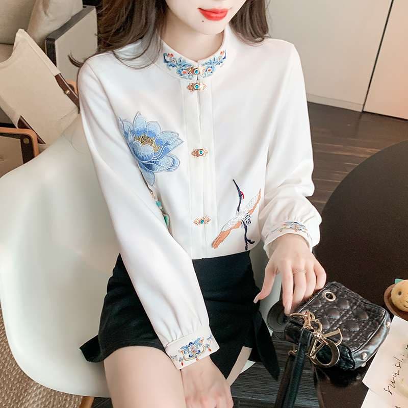 チャイナ服  刺繍入り花鳥チャイナブラウス