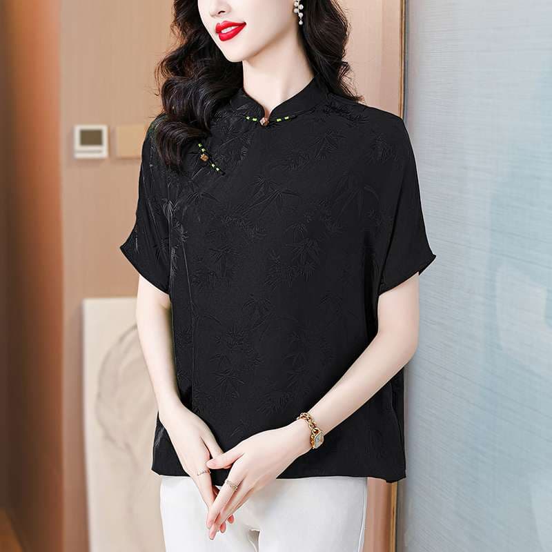 チャイナ服  上品な竹柄チャイナカラーブラウス