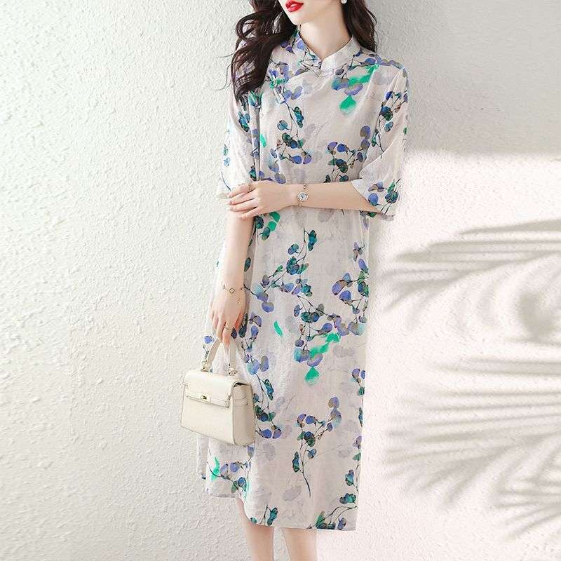 チャイナ服  涼感フラワーシフォンワンピース