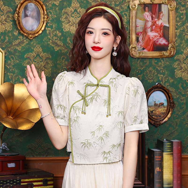 チャイナ服  竹柄刺繍チャイナトップス