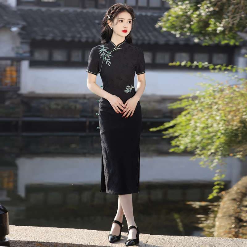 チャイナ服  竹柄刺繍入りチャイナドレス