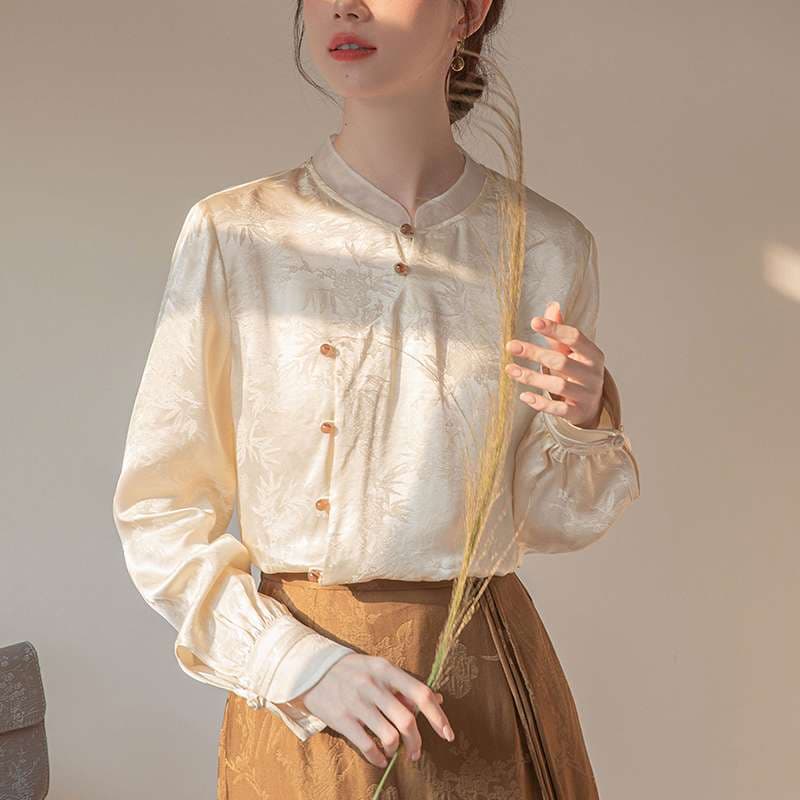 チャイナ服  花柄刺繍入りシルク調マオカラーシャツ