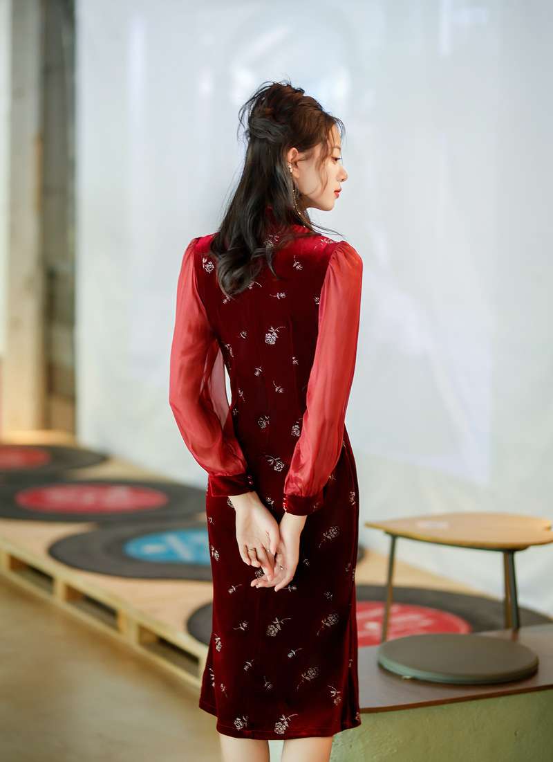 チャイナ服 花柄チャイナドレス風シースワンピース