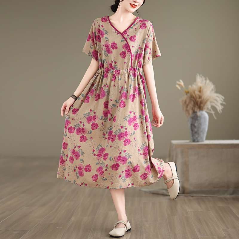 チャイナ服  花柄プリント リラックスワンピース