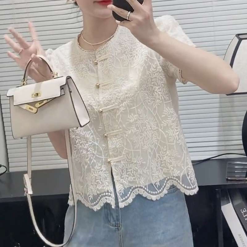 チャイナ服  レース刺繍チャイナ風半袖ブラウス