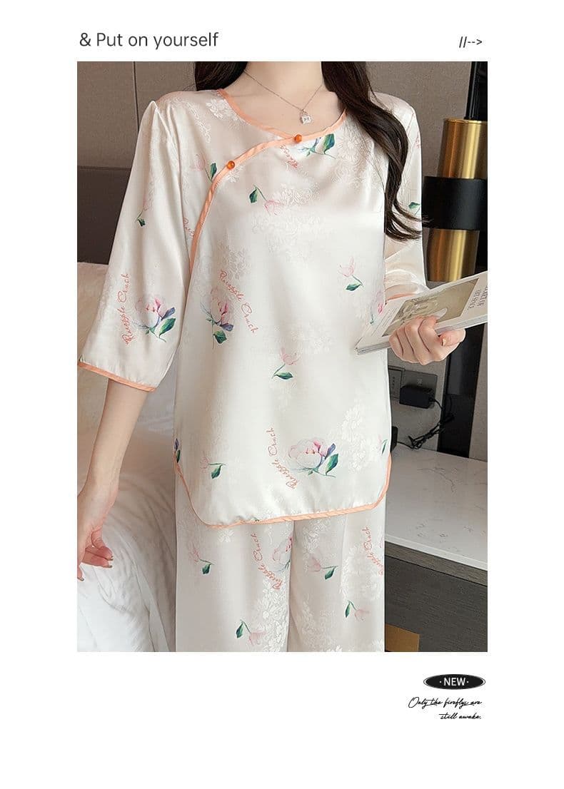 チャイナ服 花鳥刺繍入り光沢チャイナ風パジャマ上下セット