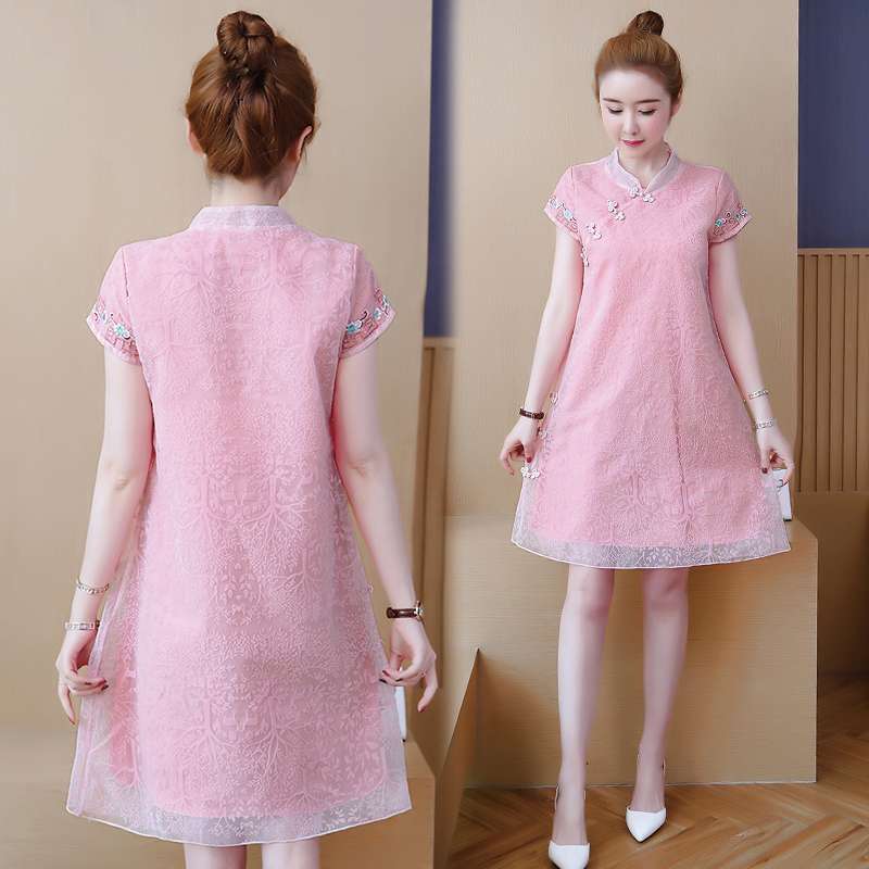 チャイナ服  チャイナカラー刺繍レース入りワンピース