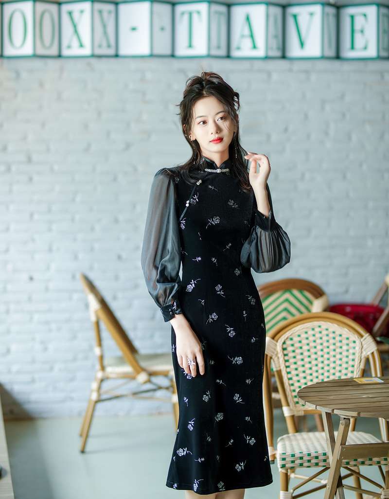 チャイナ服 花柄チャイナドレス風シースワンピース