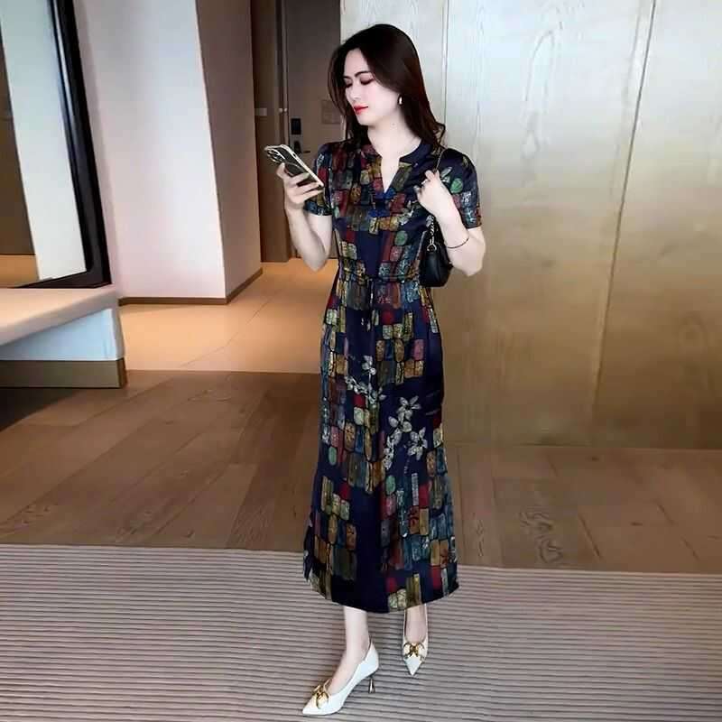 チャイナ服  花柄プリントチャイナ風ロングワンピース