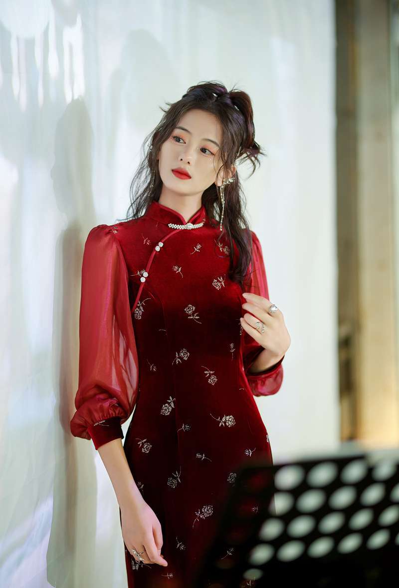 チャイナ服 花柄チャイナドレス風シースワンピース