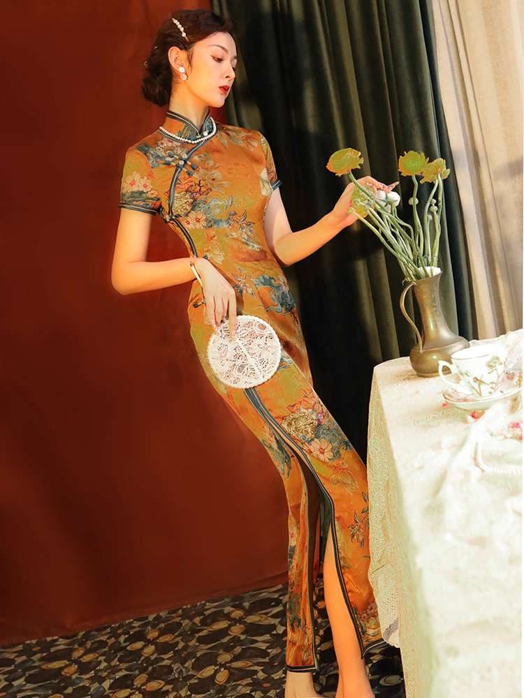 チャイナ服 花鳥図柄入りロング丈チャイナドレス