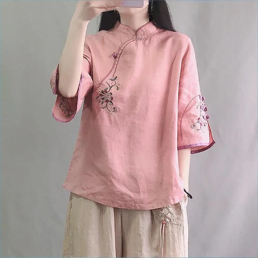 チャイナ服 花刺繍入りチャイナボタン七分袖ブラウス