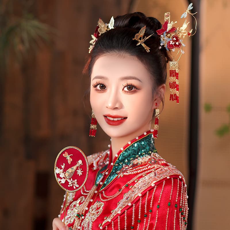 チャイナ服 華やか蝶々と花飾り付き中華風髪飾りセット