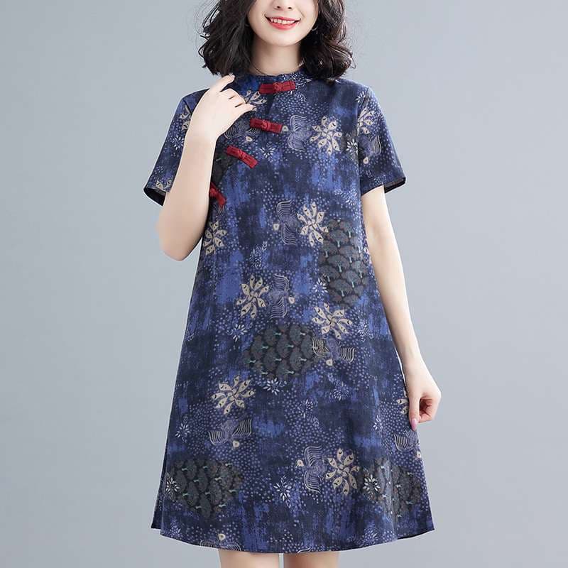 チャイナ服  民族風プリント 半袖カジュアルワンピース
