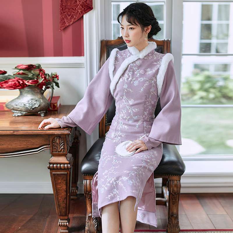 チャイナ服 花刺繍入りチャイナ風ワンピース