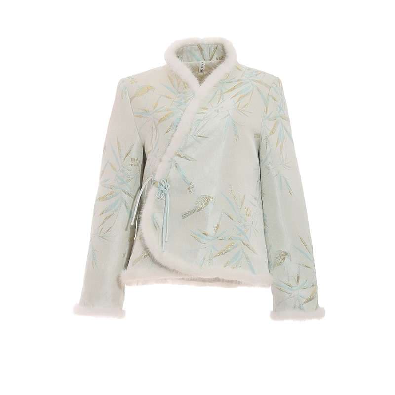 チャイナ服 ファー付き花柄チャイナジャケット