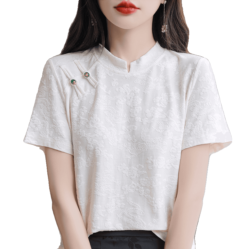 チャイナ服  チャイナ風刺繍入り半袖ブラウス