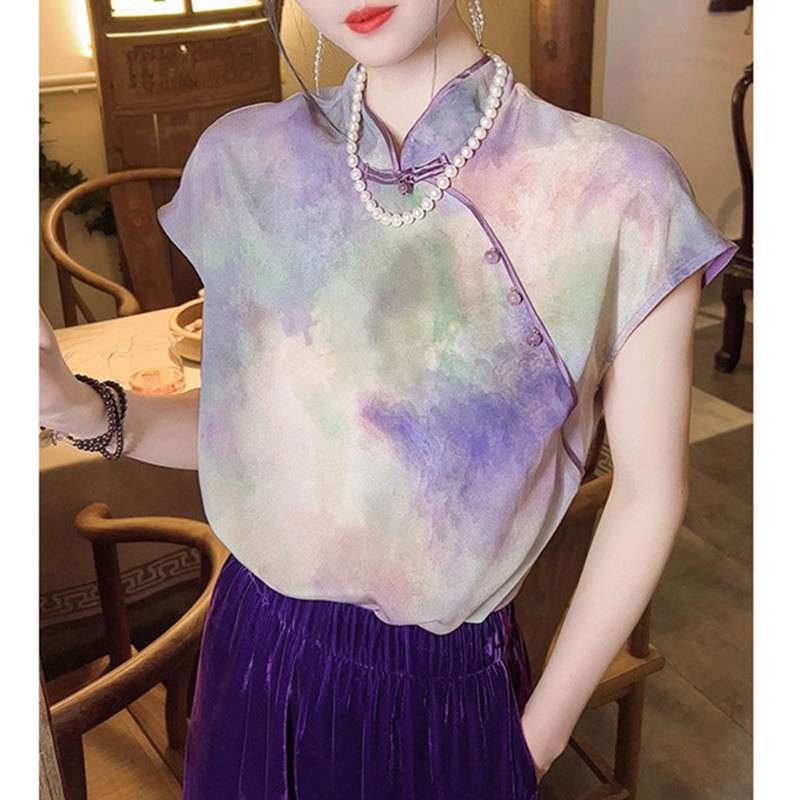 チャイナ服  水彩柄チャイナカラー半袖ブラウス