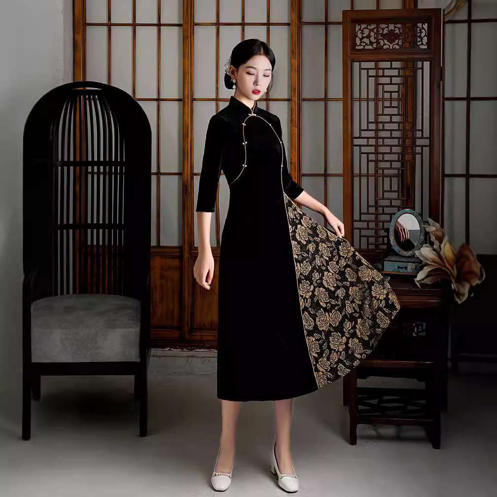 チャイナ服 優雅な花柄スリットチャイナドレス