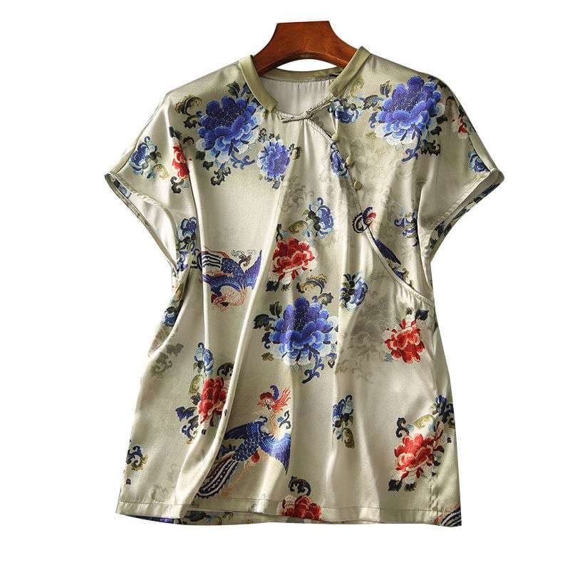 チャイナ服  花鳥模様チャイナカラー半袖ブラウス