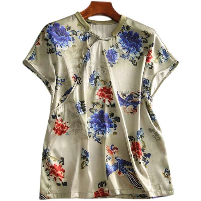チャイナ服  花柄刺繍チャイナカラー半袖ブラウス