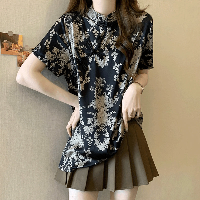 チャイナ服  優雅な花柄チャイナ風半袖シャツ